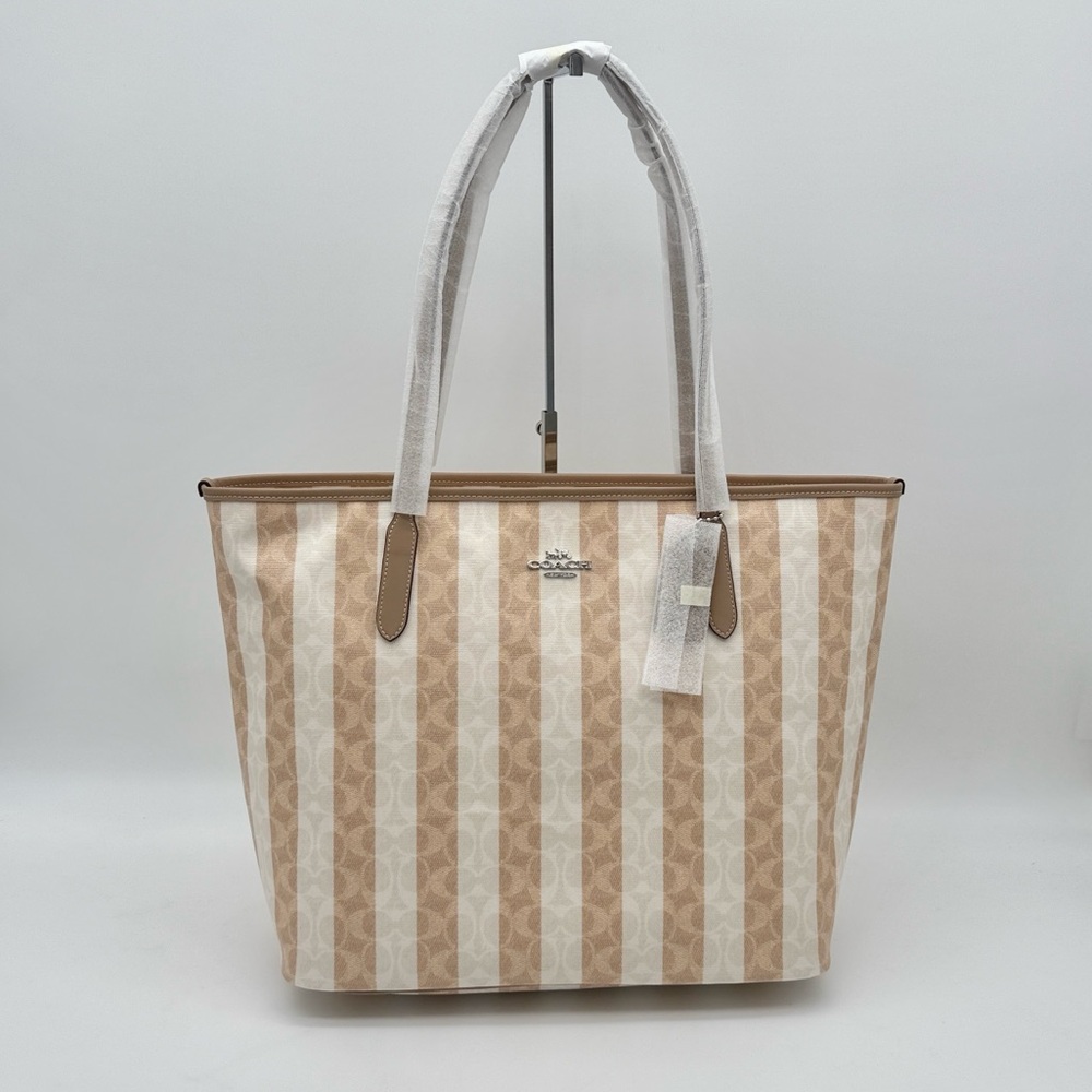 Coach Large City Tote Bag In Signature Canvas With Stripe Silver Sand Tan
